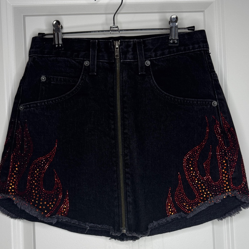Carmar Black Denim Mini Skirt with Rhinestone Flames